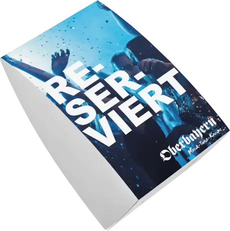 Reservierungsflyer von Oberbayern Düsseldorf mit Partygästen und der Aufschrift „RESERVIERT EUCH“.