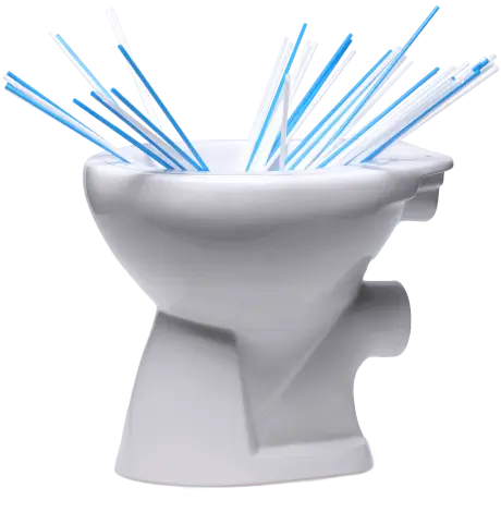 Weiße Toilettenschüssel mit blauen und weißen Trinkhalmen als Kultschüssel für Longdrink oder Sangria in der Gastronomie.